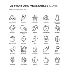 Set of 25 FRUIT AND VEGETABLES linear icons such as Cauliflower, Carrots, Carambola, Cabbage, Butternut squash, Berries, Basil, vector illustration of trendy icon pack. Line icons with thin line