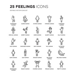 Set of 25 Feelings linear icons such as surprised human, super stupid strong stressed silly human, vector illustration of trendy icon pack. Line icons with thin line stroke.