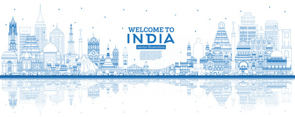 Outline Welcome to India City Skyline with Blue Buildings and Reflections.