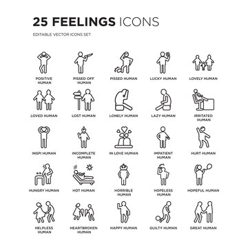 Set of 25 Feelings linear icons such as positive human, pissed off lucky lovely human, vector illustration of trendy icon pack. Line icons with thin line stroke.