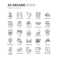 Set of 25 Arcade linear icons such as dance, curtain stage, Crystal, Controls, Controller, Chess piece, zoo, Billiards, vector illustration of trendy icon pack. Line icons with thin line stroke.