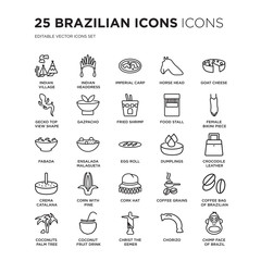 Set of 25 Brazilian icons linear such as Indian Village, Headdress, Imperial Carp, Horse Head, Goat Cheese, vector illustration of trendy icon pack. Line icons with thin line stroke.