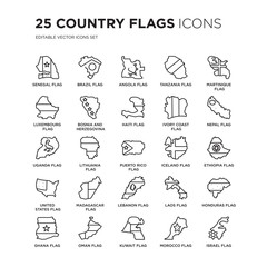 Set of 25 Country Flags linear icons such as Senegal flag, Brazil Angola Tanzania Martinique flag, vector illustration of trendy icon pack. Line icons with thin line stroke.