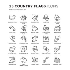 Set of 25 Country Flags linear icons such as Bulgaria flag, Kazakhstan Canada Iraq Sri Lanka flag, vector illustration of trendy icon pack. Line icons with thin line stroke.