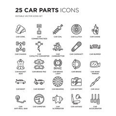 Set of 25 Car parts linear icons such as car cowl, connecting rod, coil, clutch, choke, bumper, vector illustration of trendy icon pack. Line icons with thin line stroke. - obrazy, fototapety, plakaty