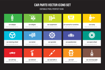 Set of 15 flat car parts icons - tailpipe, tailgate, seat belt or safety belt, sump, soft top. Vector illustration isolated on colorful background