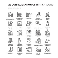 Set of 25 CONFEDERATION OF BRITISH linear icons such as Demutualisation, Demand-pull inflation, Deflation, Defined contribution pension, vector illustration of trendy icon pack. Line icons with thin