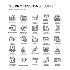 Set of 25 Professions linear icons such as Bear market, Base rate, Banker's draft, Bank England's inflation report, vector illustration of trendy icon pack. Line icons with thin line stroke.