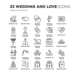 Set of 25 Wedding and love linear icons such as video, Rings, wedding Present, planner, photo, vector illustration of trendy icon pack. Line icons with thin line stroke.