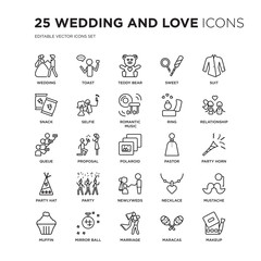 Set of 25 Wedding and love linear icons such as Wedding, Toast, Teddy bear, Sweet, Suit, Relationship, Party horn, Mustache, vector illustration of trendy icon pack. Line icons with thin line stroke.