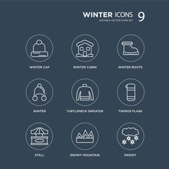 9 winter cap, Cabin, Stall, Themos Flask, Turtleneck Sweater, Boots, Winter, snowy Mountain modern icons on black background, vector illustration, eps10, trendy icon set.