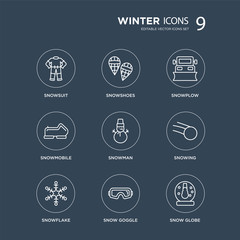 9 Snowsuit, Snowshoes, Snowflake, Snowing, Snowman, Snowplow, Snowmobile, Snow Goggle modern icons on black background, vector illustration, eps10, trendy icon set.