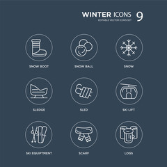 9 Snow Boot, ball, Ski Equiptment, lift, Sled, Snow, Sledge, Scarf modern icons on black background, vector illustration, eps10, trendy icon set.
