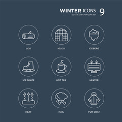 9 Log, Igloo, Heat, Heater, Hot tea, Iceberg, Ice skate, Hail modern icons on black background, vector illustration, eps10, trendy icon set.