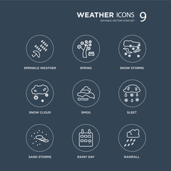9 Sprinkle weather, Spring, Sand storms, Sleet, Smog, Snow Cloud, Rainy Day modern icons on black background, vector illustration, eps10, trendy icon set.