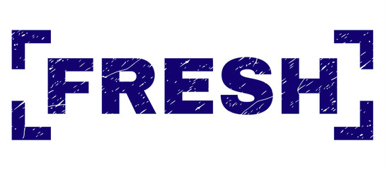 FRESH text seal watermark with distress texture. Text caption is placed between corners. Blue vector rubber print of FRESH with unclean texture.