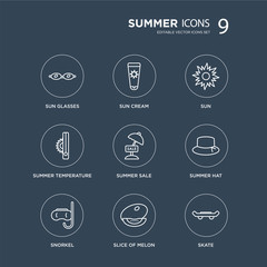 9 Sun glasses, cream, Snorkel, summer Hat, Summer sale, Sun, temperature, Slice of melon modern icons on black background, vector illustration, eps10, trendy icon set.