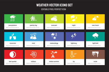 Set of 15 flat weather icons - precipitation, patchy fog, Indian summer, New moon, Last quarter, Lightning, Light bolt, Icy. Vector illustration isolated on colorful background - obrazy, fototapety, plakaty