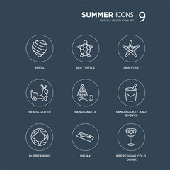 9 Shell, Sea turtle, Rubber ring, Sand bucket and shovel, castle, star, scooter, Relax modern icons on black background, vector illustration, eps10, trendy icon set.