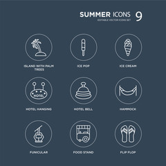 Fototapeta premium 9 Island with palm trees, Ice pop, Funicular, Hammock, Hotel bell, cream, hanging, Food stand modern icons on black background, vector illustration, eps10, trendy icon set.