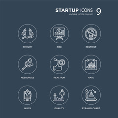 9 Rivalry, Rise, Quick, Rate, Reaction, Restrict, Resources, Quality modern icons on black background, vector illustration, eps10, trendy icon set.
