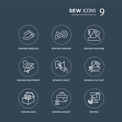 9 Sewing needles, sewing Marker, box, clip art, Craft, machine modern icons on black background, vector illustration, eps10, trendy icon set.