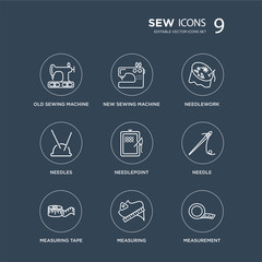 9 Old sewing machine, New Sewing Machine, Measuring tape, Needle, needlepoint, Needlework, Needles, modern icons on black background, vector illustration, eps10, trendy icon set.