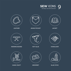 9 Leather, Jeans pocket, hand craft, handloom, Hot glue, Jacket, Ironing Board, grommet modern icons on black background, vector illustration, eps10, trendy icon set.