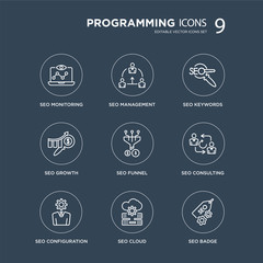 9 seo Monitoring, Seo Management, Configuration, Consulting, Funnel, SEO Keywords, growth, Cloud modern icons on black background, vector illustration, eps10, trendy icon set.