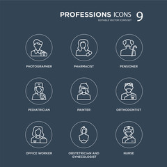 9 Photographer, Pharmacist, Office worker, Orthodontist, Painter, Pensioner, Pediatrician, Obstetrician and Gynecologist modern icons on black background, vector illustration, eps10, trendy icon set.