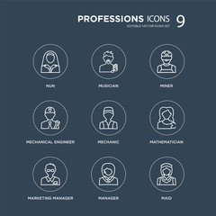 9 Nun, Musician, Marketing Manager, Mathematician, Mechanic, Miner, Mechanical Engineer, Manager modern icons on black background, vector illustration, eps10, trendy icon set.