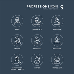 9 Mafia, Lumberjack, Information Security Analyst, IT Manager, journalist, Librarian, Lawyer, Hunter modern icons on black background, vector illustration, eps10, trendy icon set.