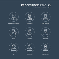 9 Financial Advisor, Engineer, dj, Doctor, Driver, Electrician, Dyer, Director modern icons on black background, vector illustration, eps10, trendy icon set.