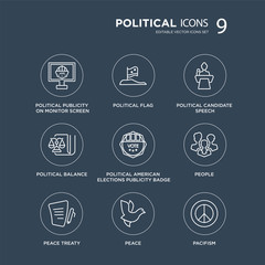 9 Political publicity on monitor screen, political Flag, Peace treaty, People modern icons black background, vector illustration, eps10, trendy icon set.