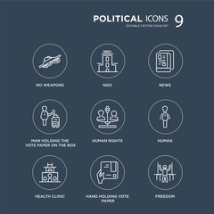Fototapeta premium 9 No weapons, Ngo, Health clinic, Human, Human rights, News modern icons on black background, vector illustration, eps10, trendy icon set.