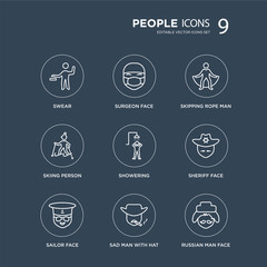 9 Swear, Surgeon face, Sailor Sheriff Showering, Skipping rope man, Skiing person, Sad man with hat modern icons on black background, vector illustration, eps10, trendy icon set.