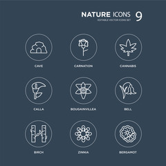 9 cave, Carnation, Birch, bell, Bougainvillea, Cannabis, Calla, Zinnia modern icons on black background, vector illustration, eps10, trendy icon set.