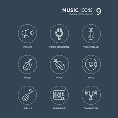 9 Volume, Voice recording, Ukelele, Vinyl, Viola, Violoncello, Violin, Turntable modern icons on black background, vector illustration, eps10, trendy icon set.