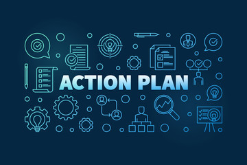 Action Plan horizontal blue outline banner or illustration on dark background