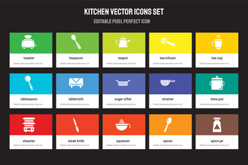 Set of 15 flat kitchen icons - Toaster, teaspoon, Squeezer, Tea cup, steamer, Strainer, stew pot, Spoon. Vector illustration isolated on colorful background