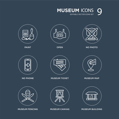 9 Paint, Open, museum Fencing, Map, Ticket, No photo, phone, Canvas modern icons on black background, vector illustration, eps10, trendy icon set.