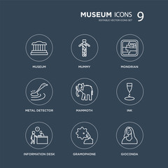 9 Museum, Mummy, Information desk, Ink, Mammoth, Mondrian, Metal detector, Gramophone modern icons on black background, vector illustration, eps10, trendy icon set.
