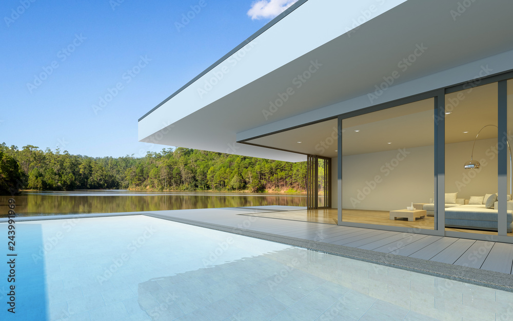 Poster Perspective of luxury modern house with swimming pool in day time on green lake background, Idea of minimal architecture design. 3D rendering 