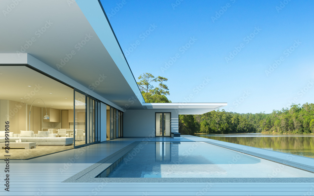 Poster Perspective of luxury modern house with swimming pool in day time on green lake background, Idea of minimal architecture design. 3D rendering 