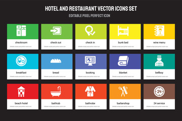 Set of 15 flat hotel and restaurant icons - Checkroom, Check out, Bathrobe, Wine menu, Beach Hotel, Blanket, Bellboy, Barbershop. Vector illustration isolated on colorful background