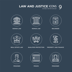 9 roman law, Roman Prisoner, property and finance, qualified protection, Recorder, real estate Prison modern icons on black background, vector illustration, eps10, trendy icon set.