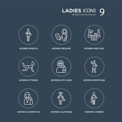 9 Women Speech, Resume, Cosmetics, Emotions, Eye Care, Meeting modern icons on black background, vector illustration, eps10, trendy icon set.
