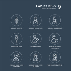 9 Woman Lawyer, In Politics, Head with Ponytail, Healthy Treatment, Art, Medicine modern icons on black background, vector illustration, eps10, trendy icon set.