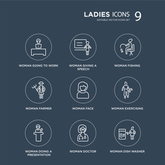 9 Woman Going To Work, Giving a Speech, Doing Presentation, Exercising, Face, Fishing modern icons on black background, vector illustration, eps10, trendy icon set.