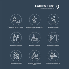 9 Woman Device User, Dancing Ballet, Chemist, Climbing, Cooker, Crying modern icons on black background, vector illustration, eps10, trendy icon set.